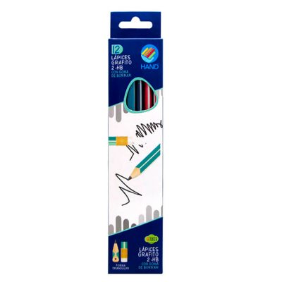CAJA DE 12 LAPICES GRAFITO 2HB CON GOMA DE BORRAR HAND