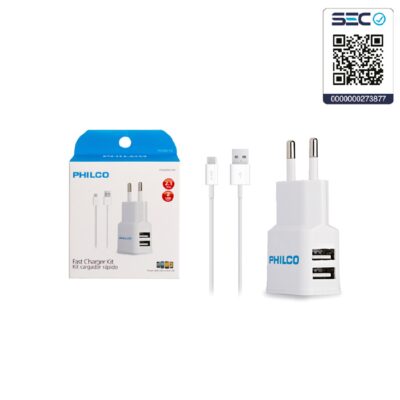 CARGADOR 220 V 2.1 A DOBLE USB CON CABLE MICRO USB PHILCO